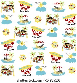 vector cartoon seamless pattern of little cat sleeping on hummock in the beach, crab holding surfboard, summer beach vacation elements