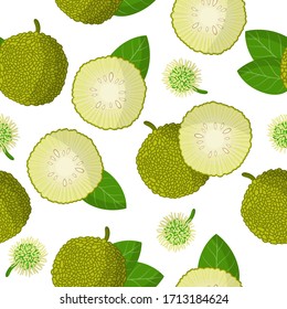 Vector cartoon seamless pattern with Maclura pomifer or Monkey bread exotic fruits, flowers and leafs on white background for web, print, cloth texture or wallpaper.