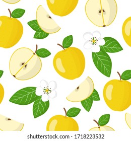 Vector cartoon seamless pattern with Malus domestica or Yellow apple exotic fruits, flowers and leafs on white background for web, print, cloth texture or wallpaper