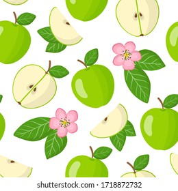 Vector cartoon seamless pattern with Malus domestica or Green apple exotic fruits, flowers and leafs on white background for web, print, cloth texture or wallpaper