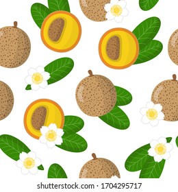 Vector cartoon seamless pattern with Mammea americana or South American apricot exotic fruits, flowers and leafs on white background for web, print, cloth texture or wallpaper.