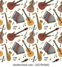 vector cartoon seamless pattern with musical instruments: guitar, electric guitar, double bass, drums, piano, accordion, lyre, saxophone