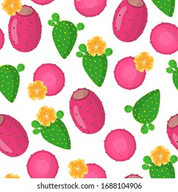 Vector cartoon seamless pattern with Opuntia ficus-indica or  Indian figs exotic fruits, flowers and leafs on white background for web, print, cloth texture or wallpaper