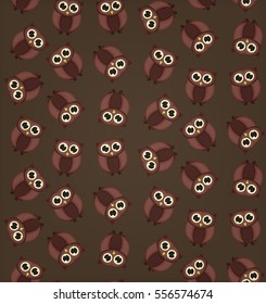 Vector cartoon seamless pattern with owls for gift wrapping paper, covering and branding on the brown background