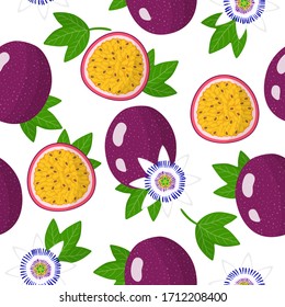 Vector cartoon seamless pattern with Passiflora edulis or Passion fruit exotic fruits, flowers and leafs on white background for web, print, cloth texture or wallpaper.