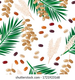 Vector cartoon seamless pattern with Phoenix dactylifera or Date fruit exotic fruits, flowers and leafs on white background for web, print, cloth texture or wallpaper