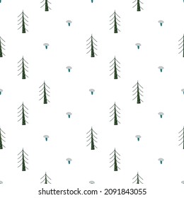 Vector cartoon seamless pattern with pines and mushrooms. Good for childish design.