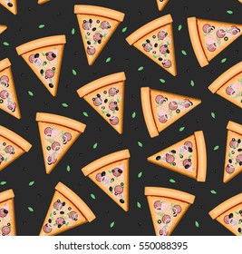 Vector cartoon seamless pattern with pizza for wrapping paper, covering, decor the restaurant menu and branding on dark background.