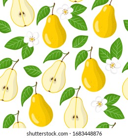 Vector cartoon seamless pattern with Pyrus or Pear exotic fruits, flowers and leafs on white background for web, print, cloth texture or wallpaper.