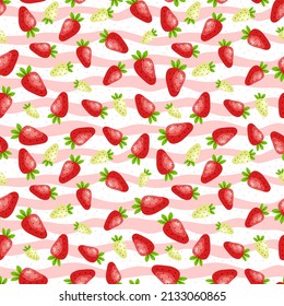 Vector cartoon seamless pattern with red and green strawberry on strip
