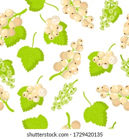Vector cartoon seamless pattern with Ribes rubrum or Whitecurrant exotic fruits, flowers and leafs on white background for web, print, cloth texture or wallpaper