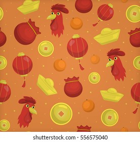 Vector cartoon seamless pattern with Rooster New Year elements for gift wrapping paper, covering and branding on the orange background. Concept of Happy Chinese New Year