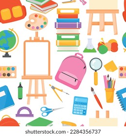 Vector cartoon seamless pattern with school stationery. Bright elements for textile design and gift packaging