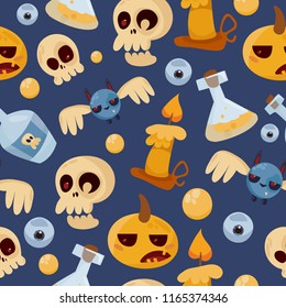 vector cartoon seamless pattern. Set of Halloween characters. Lovely, creepy faces, pumpkin, test tube, potion, eye, bat, skeleton, skull, candle, bottle, poison.