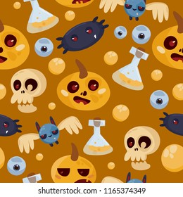 vector cartoon seamless pattern. Set of Halloween characters. Lovely, creepy faces, a pumpkin, a spider, a test tube, a potion, an eye, a bat, a skeleton, a skull.