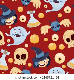 vector cartoon seamless pattern. Set of Halloween characters. Evil witch, ghost, bat, potion