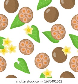 Vector cartoon seamless pattern with Siraitia grosvenorii or Arhat exotic fruits, flowers and leafs on white background for web, print, cloth texture or wallpaper.