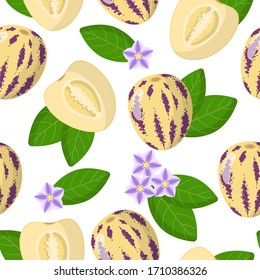 Cartoon Vektorillustration nahtlos mit Solanum muricatum oder Pepino exotischen Früchten, Blumen und Blättern auf weißem Hintergrund für Web-, Print-, Stoff-Textur oder Tapete.