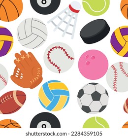 Vector cartoon seamless pattern with sports balls. Bright elements for textile design and gift packaging