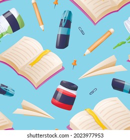 Vector cartoon seamless pattern with stationery and school or office supplies. Subjects for study, drawing and writing.