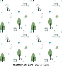 Vector cartoon seamless pattern with trees and mushrooms. Good for childish design.