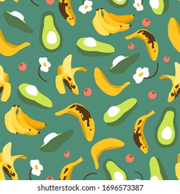 Vector cartoon seamless pattern with tropical fruits, avocado, banana, berries on green background. Modern colorful texture for kids wallpaper, kitchen textile design, restaurant interior wall. 
