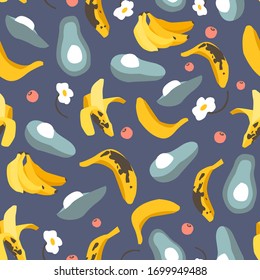 Vector cartoon seamless pattern with tropical fruits, avocado, banana, flowers and berries on blue background. Modern colorful texture for kitchen textile design, children wallpaper, fabric, print. 