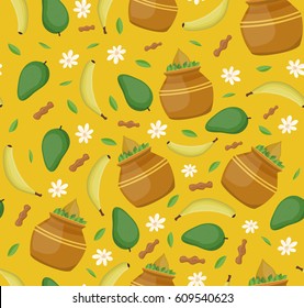 Vector cartoon seamless pattern for Ugadi Festival on the yellow background. Concept of Happy Gudi Padwa.