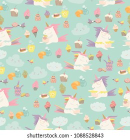 Vector cartoon seamless pattern unicorn with cake and coffee