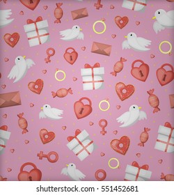 Vector cartoon seamless pattern of Valentine's Day for gift wrapping paper, covering and branding on the pink background.