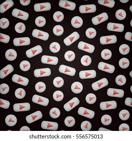 Vector cartoon seamless pattern with video play buttons for gift wrapping paper, covering and branding on the black background. Concept of video making and editing