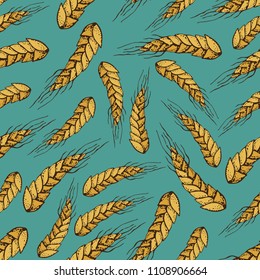 Vector cartoon seamless pattern of wheat,barley cereals, grains. Isolated on blue background. Graphic texture for bakery template. For restaurant, bakery shop, web, poster, textile