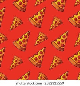 Vector Cartoon Seamless Pepperoni Pizza Pattern Orange Background