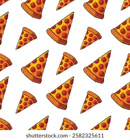 Vector Cartoon Seamless Pepperoni Pizza Pattern White Background