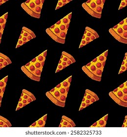 Vector Cartoon Seamless Pepperoni Pizza Pattern Black Background