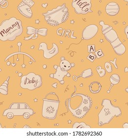 Vector cartoon seamlessn baby pattern with accessories for a newborn.