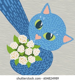 Vector cartoon selfie of cute funny blue cat with yellow-green eyes holding a bouquet of white roses. Grey wooden floor background. Top view.