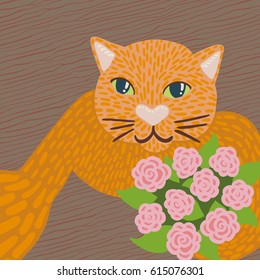 Vector cartoon selfie of cute funny orange male cat with green eyes holding a bouquet of pink roses. Brown wooden floor background. Top view.