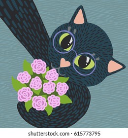 Vector cartoon selfie of cute funny black cat with yellow-green eyes, wearing glasses, holding a bouquet of pink roses. Teal wooden floor background. Top view.