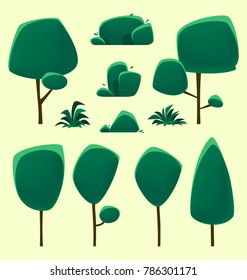 vector cartoon semi flat green isolated tree bush grass template illustration drawing collection set