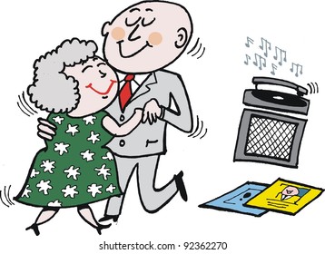 Vector cartoon of senior couple dancing to old records