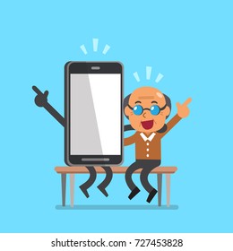 Vector cartoon senior man and smartphone character