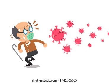 Anciano de la caricatura vectorial con mascarilla protectora preocupada por el virus para su diseño.