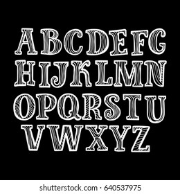 Vector cartoon serif han drawn capital ABC. Uppercase outline typeface. Latin font graphical decorative decorative type. Line art on black background