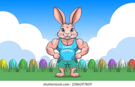 Vector cartoon serious muscular strong hare bodybuilder in shorts and T-shirt. Happy easter. Green meadow with grass and colored eggs. Natural toon holiday landscape