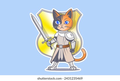 Vector de dibujos animados serio gato rojo guerrero en armadura con una espada. Puss Knight. Escudo dorado. Fondo aislado.