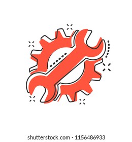 Vector cartoon service tool icon in comic style. Cogwheel with wrench sign illustration pictogram. Workshop business splash effect concept.