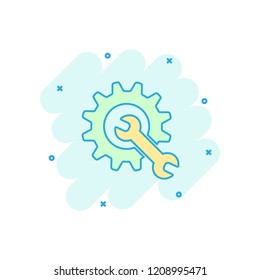 Vector cartoon service tool icon in comic style. Cogwheel with wrench sign illustration pictogram. Workshop business splash effect concept.