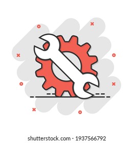 Vector cartoon service tool icon in comic style. Cogwheel with wrench sign illustration pictogram. Workshop business splash effect concept.