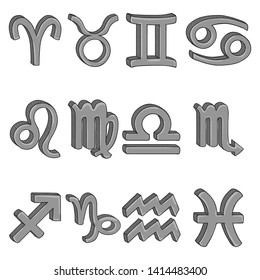 Vector Cartoon Set of 12 Gray Zodiac Signs.